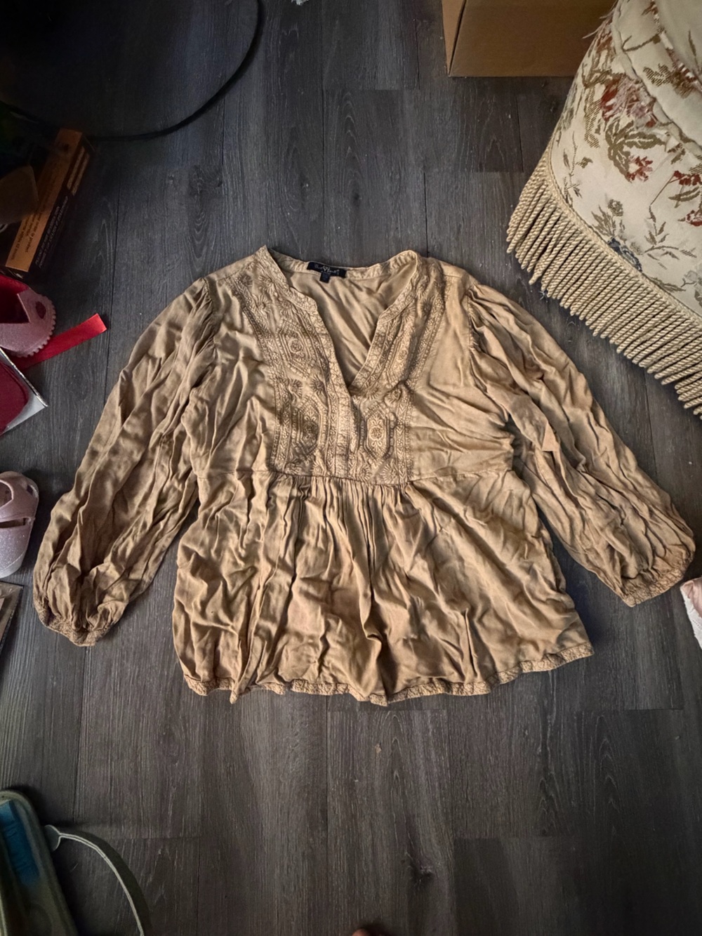 Violet & Claire Tan Embroidered V-Neck Peasant Blouse